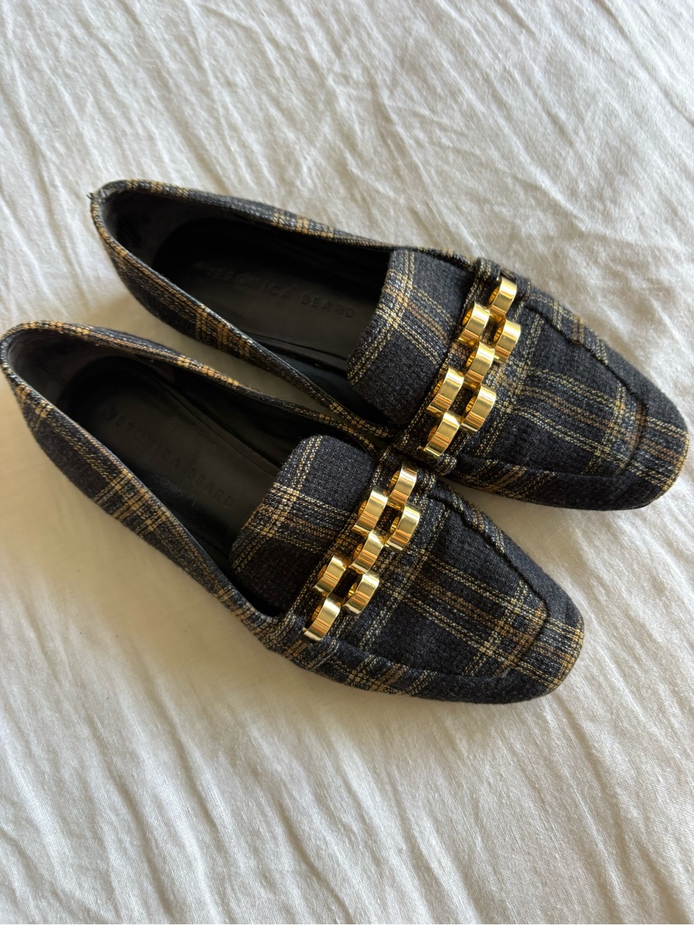 Veronica Beard Black and Gold Plaid Loafers